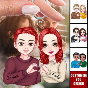 Cartoon Couple Heart Gesture - Personalized Acrylic Keychain, Anniversary Gift For Couple