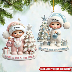 Cute Baby Standing Beside Christmas Tree 3D Effect Baby's First Christmas Personalized Acrylic Flat Ornament