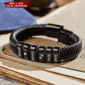 Personalized Beads Leather Bracelet with Kids Name, Gifts For Him Dad Son Grandpa