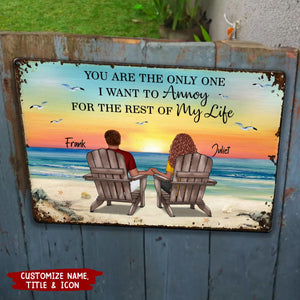 Back View Couple Sitting Beach Landscape Personalized Metal Sign