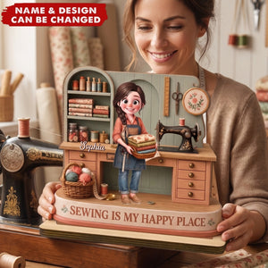 Sewing Is My Happy Place - Personalized 2-Layer Wood Plaque