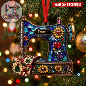 Personalized Stained‑Glass Sewing Machine Christmas Ornament, 2 Style Options Custom Name Keepsake Ornament, Gift For Sewers, Quilters & Grandma