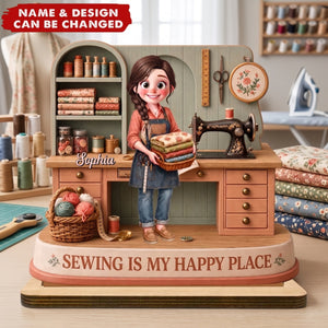 Sewing Is My Happy Place - Personalized 2-Layer Wood Plaque