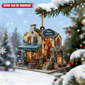 Guitar Shop Christmas Ornament, Mini Music Storefront with Acoustic Guitars