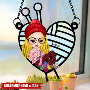 Knitting Girl Personalized Suncatcher Ornament
