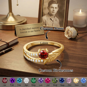 Forever in Our Hearts - Personalized Feather Birthstone Ring with Text