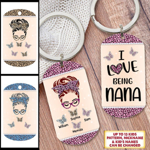 Personalized I Love Being Nana Butterfly Messy Bun Stainless Steel Keychain Nana With Grandkids Name Keychain