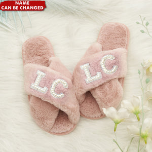 Custom Pearl Style Name Personalized Fluffy Slippers, Gift For Bride Bridesmaid