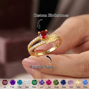 Forever in Our Hearts - Personalized Feather Birthstone Ring with Text