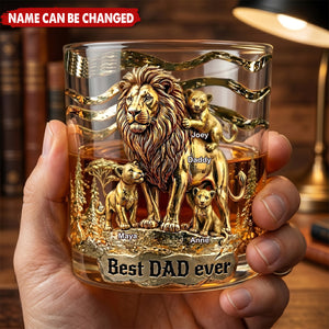 Lion Dad And Kids - Personalized Whiskey Glass, Father's Day Gift For Dad, Grandpa