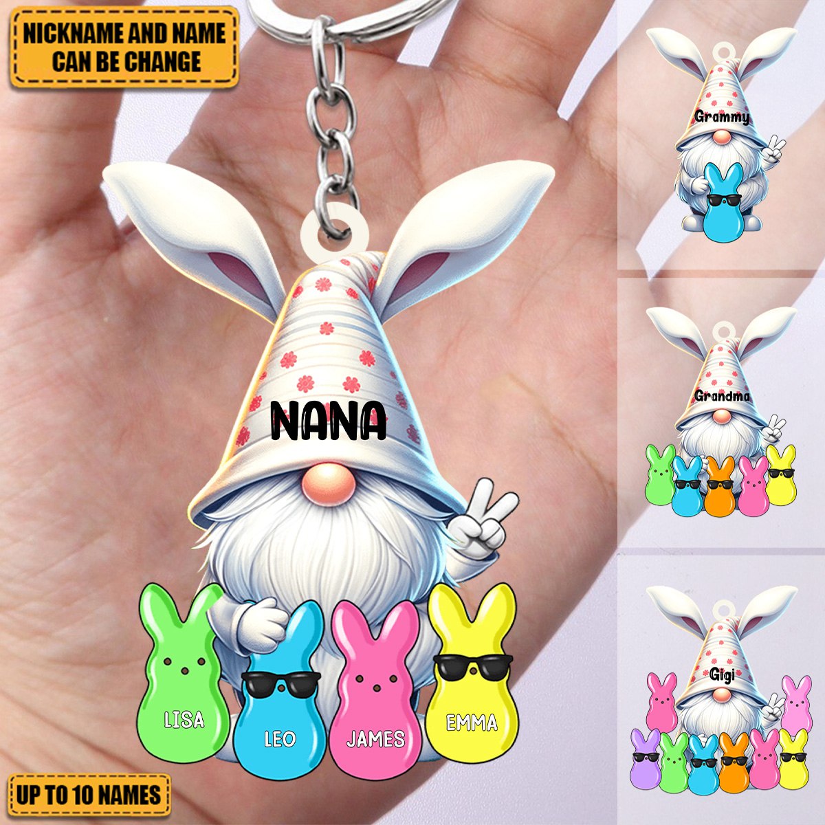 Bunny Nana Grandma Easter Dwarf With Little Grandkids Personalized Acrylic Keychain