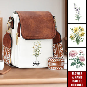 Personalized Birthday Flower Initials Leather Shoulder Crossbody Bag