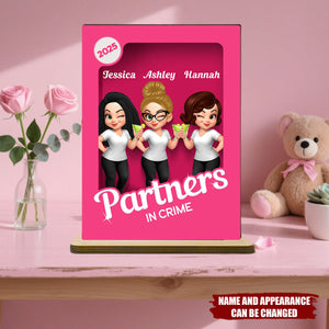 Besties Partner In Crime Pink 3D Effect - Personalized 2-Layer Standing Wooden Plaque