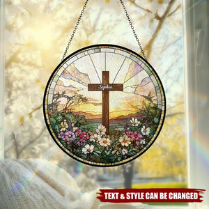 Personalized Christian Religious Easter Cross Glass Flowers Windows Hanging Suncatcher
