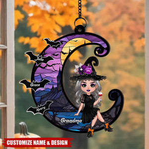 Grandma Mom Witch On Moon Personalized Window Hanging Suncatcher Ornament, Halloween Decor