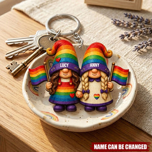 Love Is Love Rainbow Gnome Couple - Personalized Keychain