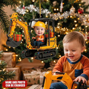 Personalized Excavator Christmas Ornament, Custom Kid Face Keepsake, Gift For Kids & Family