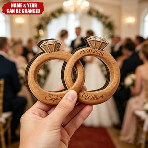 Personalized Wedding Ring Wooden Sign, Custom Couple Names Engagement Ring Decor