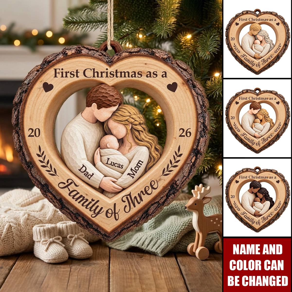 First Christmas as a Family of Three - Personalized Wooden Ornament for New Parents