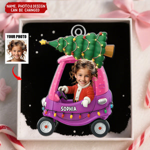 Custom Photo Christmas Kid In Car - Personalized Christmas Acrylic Ornament