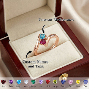 Forever In Love - Personalized Double Heart Birthstones Ring, Gift for Couple