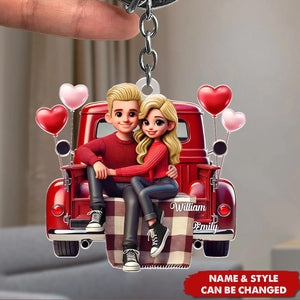 3D Effect Couple Sitting On Red Truck Personalized Acrylic Keychain, Valentine's Day Gift, Anniversary Gift For Couples