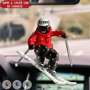 Funny Skiing Personalized Name Shaped Acrylic Ornament - Gift For Skiing Lovers