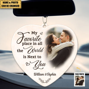 Custom Photo My Favorite Place In All The World Is Next To You - Couple Personalized Heart Acrylic Ornament