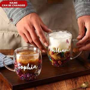 Insulated Heat Resistant Personalized Dried Flowers Double Wall Glass Coffee Mugs