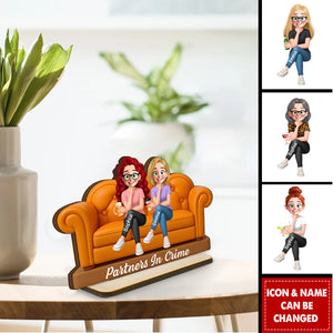 Besties Sitting On Sofa Personalized Wooden Standing Plaque, Gift for Besties, Sisters, Best Friends