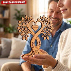 Personalized Couple Heart Tree Wooden Block With Name, Wedding Anniversary Gifts