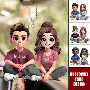 Couple Sitting Together And Smiling - Personalized Car Ornament