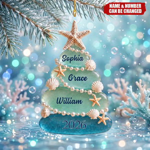 Personalized Sea Glass Tree 2026 Acrylic Ornament, Custom Beach Christmas Decoration