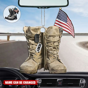Military Boots And American Flag Personalized Shaped Car Ornament - Perfect Gift For Soliders