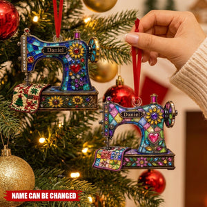 Personalized Stained‑Glass Sewing Machine Christmas Ornament, 2 Style Options Custom Name Keepsake Ornament, Gift For Sewers, Quilters & Grandma
