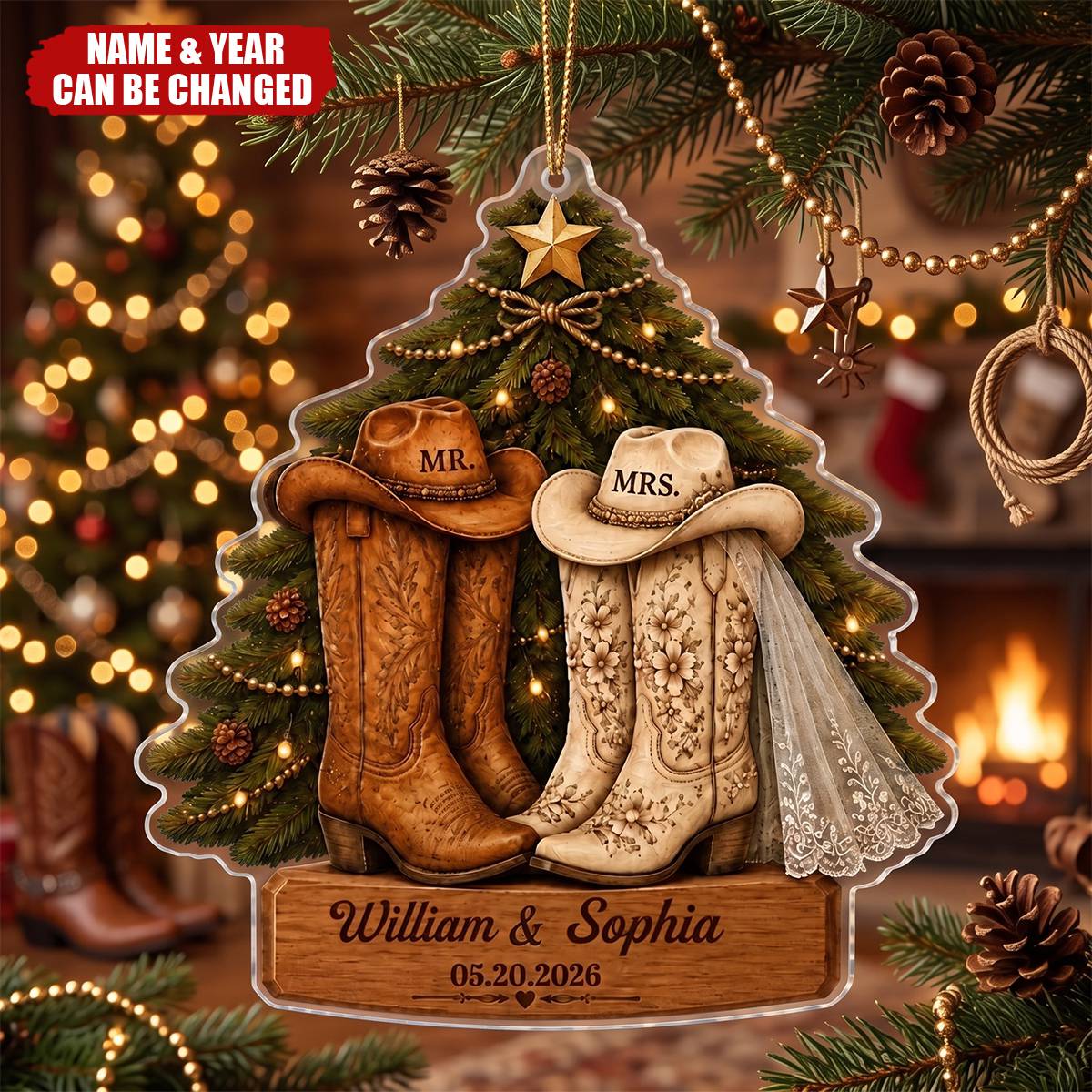First Christmas Ornament For Newlyweds—Shaped Like A Western Cowboy Boot With The Wedding Date
