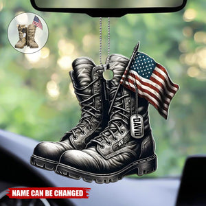 Military Boots And American Flag Personalized Shaped Car Ornament - Perfect Gift For Soliders