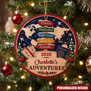 Custom Adventures Wooden Christmas Ornament - Personalized World Traveler Vacation Keepsake