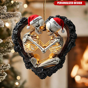 Personalized Skeleton Couple Heart Christmas Ornament - Custom Names Gothic Skull