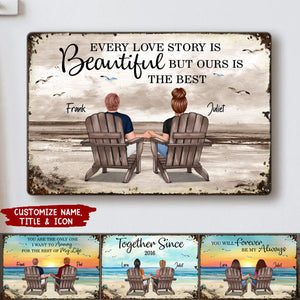 Back View Couple Sitting Beach Landscape Personalized Metal Sign