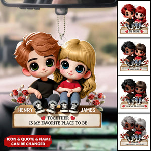Cartoon Couple Sitting Next To Each Other Personalized Acrylic Car Ornament - Anniversary Valentine's Day Gift For Husband, Wife