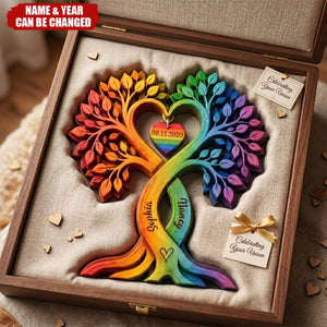 Personalized LGBTQ Family Tree Wooden Block Sign, Custom Rainbow Couple Anniversary Gift