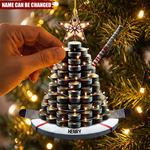 Personalized Hockey Christmas Ornament With Puck, Tree, And Stick