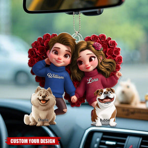 Cute Couple Holding Hands Surrounded By Roses With Dog Personalized Acrylic Ornament