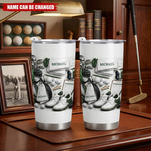 Golf Enthusiast Personalized Tumbler Featuring Clubs and Balls, Gift For Dad and Sports Lovers