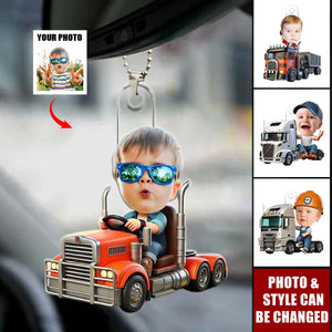 Custom Photo Kid Truck Acrylic Car Ornament - Gifts For Kid Trucker