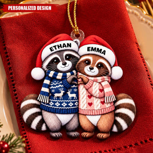 Personalized Couple Raccoon Acrylic Christmas Ornament - Custom Name Holiday Hanging Decor