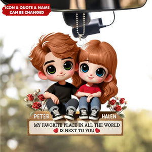 Cartoon Couple Sitting Next To Each Other Personalized Acrylic Car Ornament - Anniversary Valentine's Day Gift For Husband, Wife