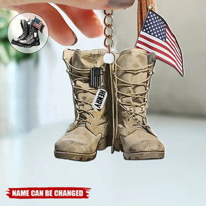 Military Boots And American Flag Personalized Shaped Keychain - Perfect Gift For Soliders