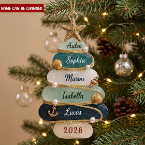Custom Sea Glass Tree Ornament, Personalized Beach Family Christmas Decor